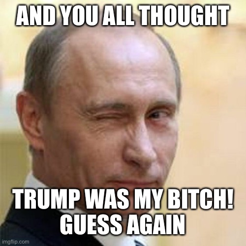 Putin Winking | AND YOU ALL THOUGHT TRUMP WAS MY BITCH!
GUESS AGAIN | image tagged in putin winking | made w/ Imgflip meme maker