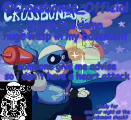 HELP ME IM SCARED | there is a damn huge wasp in my basement; someone give me advise so i don't have a heart attack | image tagged in crossbones_official's announcement template | made w/ Imgflip meme maker