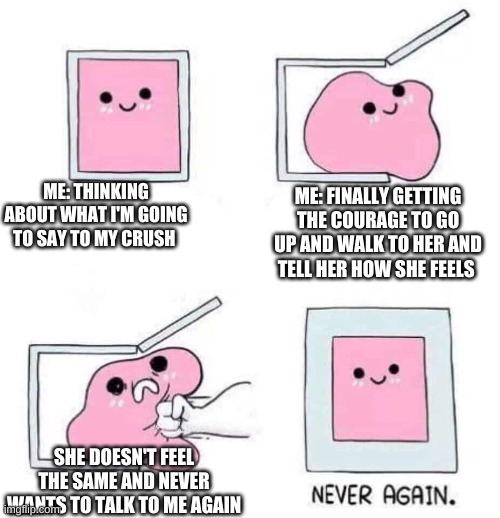 Is this relatable to anyone else? | ME: THINKING ABOUT WHAT I'M GOING TO SAY TO MY CRUSH; ME: FINALLY GETTING THE COURAGE TO GO UP AND WALK TO HER AND TELL HER HOW SHE FEELS; SHE DOESN'T FEEL THE SAME AND NEVER WANTS TO TALK TO ME AGAIN | image tagged in never again | made w/ Imgflip meme maker
