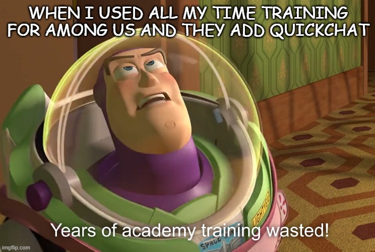 safechat sucks | WHEN I USED ALL MY TIME TRAINING FOR AMONG US AND THEY ADD QUICKCHAT | image tagged in years of academy training wasted | made w/ Imgflip meme maker