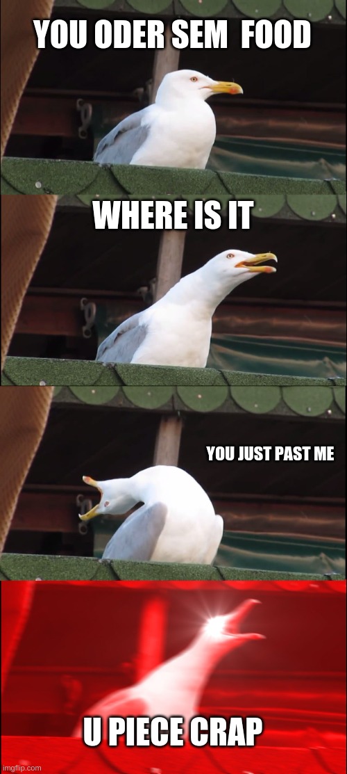 Inhaling Seagull Meme | YOU ODER SEM  FOOD; WHERE IS IT; YOU JUST PAST ME; U PIECE CRAP | image tagged in memes,inhaling seagull | made w/ Imgflip meme maker