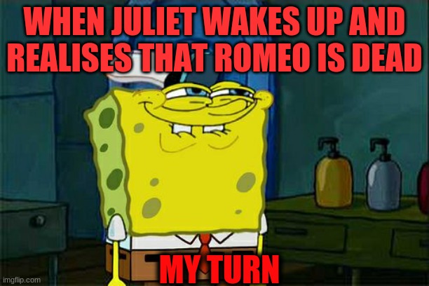 romeo and juliet | WHEN JULIET WAKES UP AND REALISES THAT ROMEO IS DEAD; MY TURN | image tagged in memes,don't you squidward | made w/ Imgflip meme maker