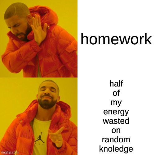 Drake Hotline Bling Meme | homework half
of
my
energy
wasted
on
random
knowledge | image tagged in memes,drake hotline bling | made w/ Imgflip meme maker