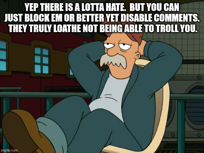 Futurama Scruffy | YEP THERE IS A LOTTA HATE.  BUT YOU CAN JUST BLOCK EM OR BETTER YET DISABLE COMMENTS.  THEY TRULY LOATHE NOT BEING ABLE TO TROLL YOU. | image tagged in futurama scruffy | made w/ Imgflip meme maker