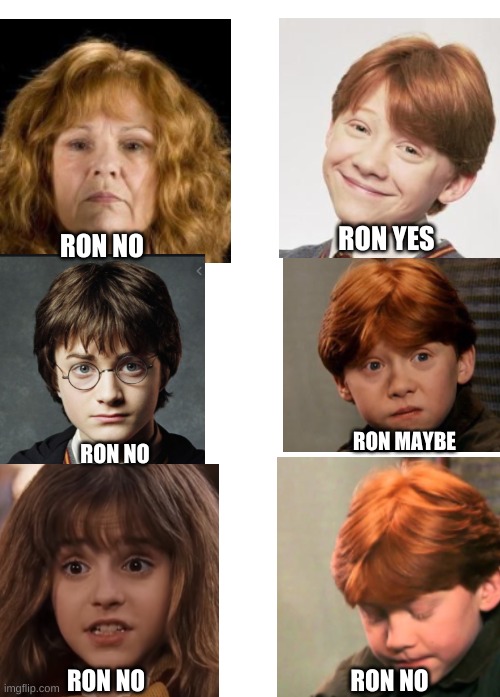 Ron No | RON YES; RON NO; RON MAYBE; RON NO; RON NO; RON NO | image tagged in harry potter,ron weasley,hermione granger,funny memes | made w/ Imgflip meme maker