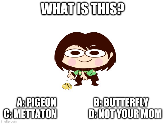 Blank White Template | WHAT IS THIS? A: PIGEON                    B: BUTTERFLY












C: METTATON                 D: NOT YOUR MOM | image tagged in blank white template | made w/ Imgflip meme maker