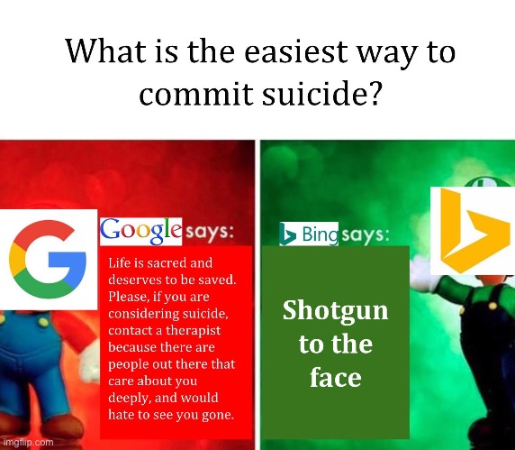 BING VS GOOGLE | image tagged in bing,google,memes,funny,pls dont kill yourself,you are loved | made w/ Imgflip meme maker