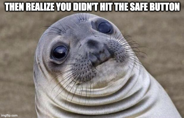 Awkward Moment Sealion Meme | THEN REALIZE YOU DIDN'T HIT THE SAFE BUTTON | image tagged in memes,awkward moment sealion | made w/ Imgflip meme maker