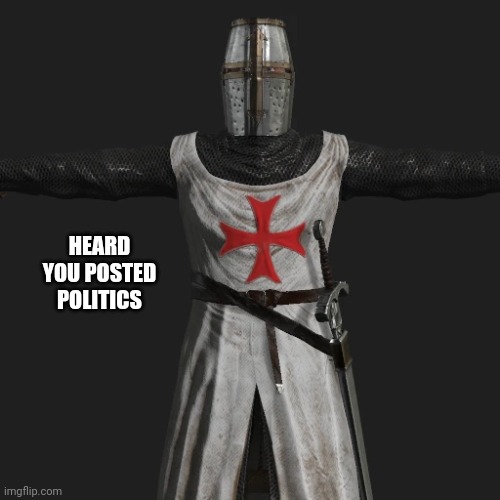 T posing crusader | HEARD YOU POSTED POLITICS | image tagged in t posing crusader | made w/ Imgflip meme maker