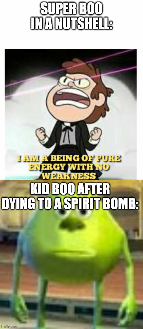 SUPER BOO IN A NUTSHELL:; KID BOO AFTER DYING TO A SPIRIT BOMB: | image tagged in being of pure energy,sully wazowski,dragon ball z | made w/ Imgflip meme maker
