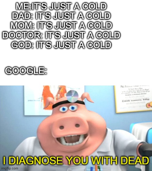 I Diagnose You With Dead | ME:IT'S JUST A COLD
DAD: IT'S JUST A COLD
MOM: IT'S JUST A COLD
DOCTOR: IT'S JUST A COLD
GOD: IT'S JUST A COLD; GOOGLE:; I DIAGNOSE YOU WITH DEAD | image tagged in i diagnose you with dead | made w/ Imgflip meme maker