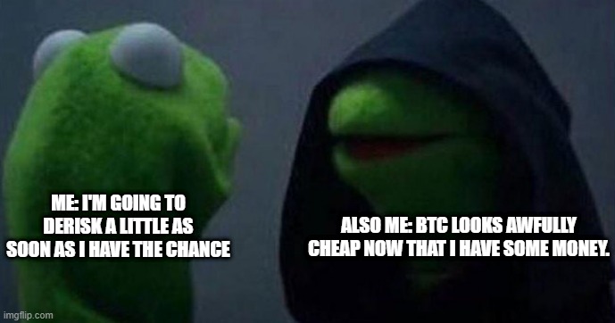 Me and also me | ME: I'M GOING TO DERISK A LITTLE AS SOON AS I HAVE THE CHANCE; ALSO ME: BTC LOOKS AWFULLY CHEAP NOW THAT I HAVE SOME MONEY. | image tagged in me and also me | made w/ Imgflip meme maker