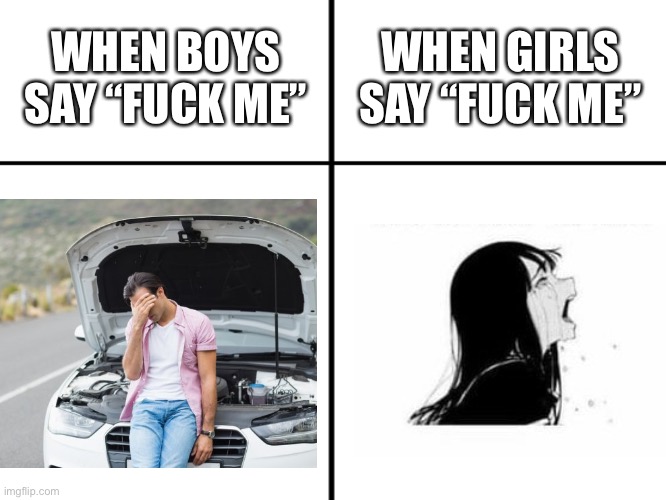 The meaning is different | WHEN GIRLS SAY “FUCK ME”; WHEN BOYS SAY “FUCK ME” | image tagged in nsfw,gender,men vs women | made w/ Imgflip meme maker
