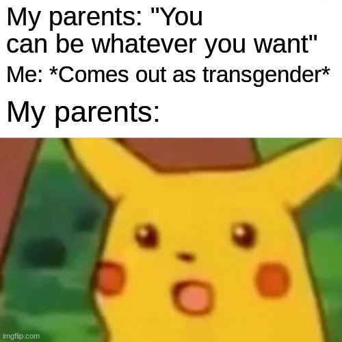 Surprised Pikachu | My parents: "You can be whatever you want"; Me: *Comes out as transgender*; My parents: | image tagged in memes,surprised pikachu | made w/ Imgflip meme maker