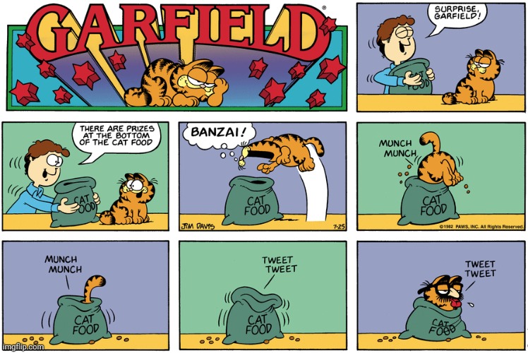 Surprise Garfield | image tagged in garfield,comics/cartoons,comics,comic,cat food,surprise | made w/ Imgflip meme maker