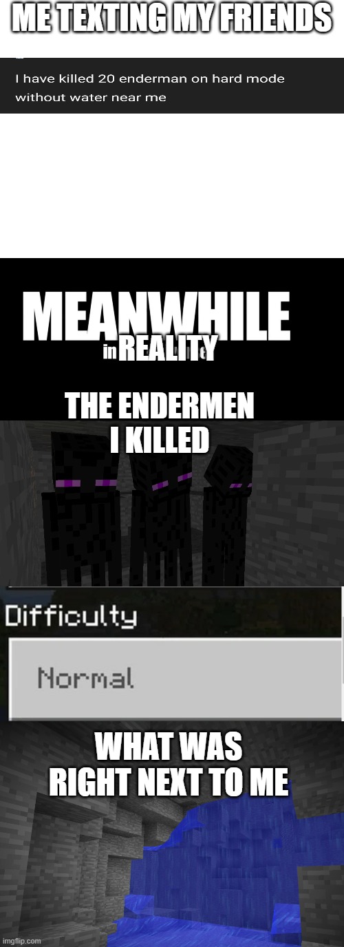 I'm not pro | ME TEXTING MY FRIENDS; REALITY; THE ENDERMEN I KILLED; WHAT WAS RIGHT NEXT TO ME | image tagged in blank white template | made w/ Imgflip meme maker