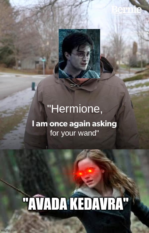 AVADA KEDAVRA INDEED | "Hermione, for your wand"; "AVADA KEDAVRA" | image tagged in memes,bernie i am once again asking for your support | made w/ Imgflip meme maker