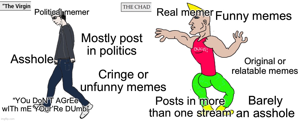 Virgin and Chad | Funny memes; Political memer; Real memer; Mostly post in politics; Asshole; Original or relatable memes; Cringe or unfunny memes; “YOu DoN’T AGrEe wITh mE YOur’Re DUmb”; Barely an asshole; Posts in more than one stream | image tagged in virgin and chad | made w/ Imgflip meme maker