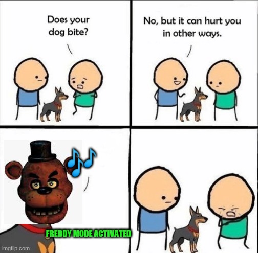 does your dog bite | 🎶; FREDDY MODE ACTIVATED | image tagged in does your dog bite | made w/ Imgflip meme maker