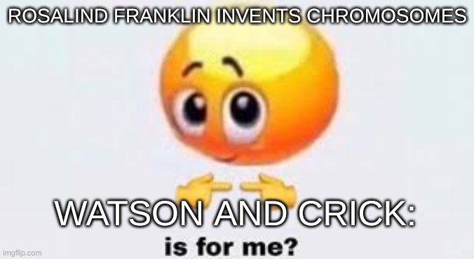 Is for me | ROSALIND FRANKLIN INVENTS CHROMOSOMES; WATSON AND CRICK: | image tagged in is for me | made w/ Imgflip meme maker