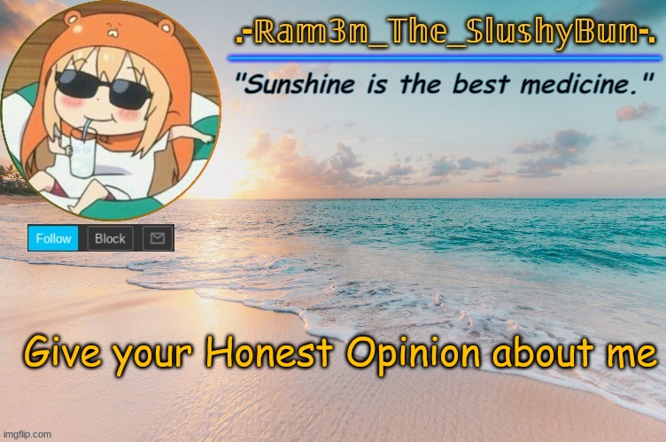 Ram3n's Beach Template :> | Give your Honest Opinion about me | image tagged in ram3n's beach template | made w/ Imgflip meme maker