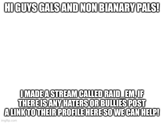 link in the comments if you’re interested!! | HI GUYS GALS AND NON BIANARY PALS! I MADE A STREAM CALLED RAID_EM, IF THERE IS ANY HATERS OR BULLIES POST A LINK TO THEIR PROFILE HERE SO WE CAN HELP! | image tagged in blank white template | made w/ Imgflip meme maker