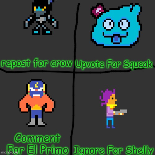 Crow #1 Squeak #2 El Primo #3 Shelly #4 | repost for crow; Upvote For Squeak; Comment For El Primo; Ignore For Shelly | image tagged in memes,blank transparent square | made w/ Imgflip meme maker