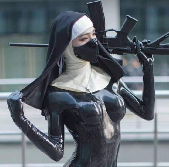 Leather nun with gun Blank Meme Template