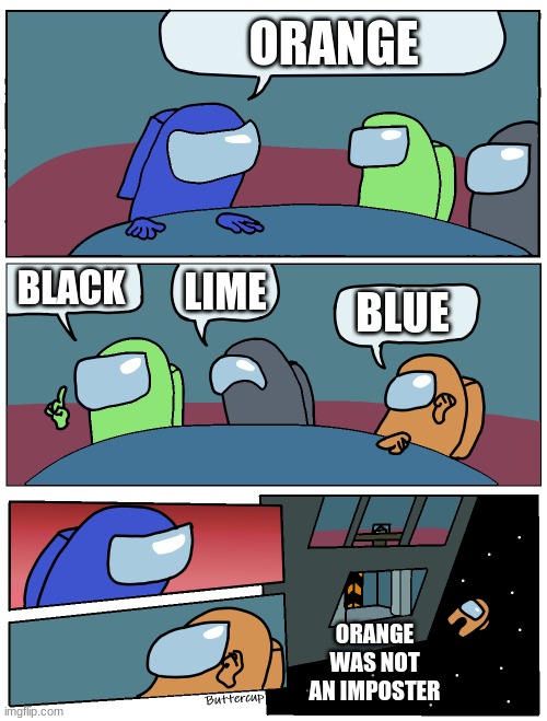 Among us Meeting | ORANGE; BLACK; LIME; BLUE; ORANGE WAS NOT AN IMPOSTER | image tagged in among us meeting | made w/ Imgflip meme maker