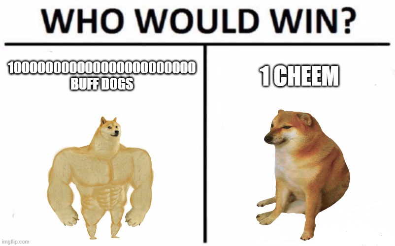 Who Would Win? | 100000000000000000000000 BUFF DOGS; 1 CHEEM | image tagged in memes,who would win,doge,cheems,buff doge vs cheems,buff doge | made w/ Imgflip meme maker