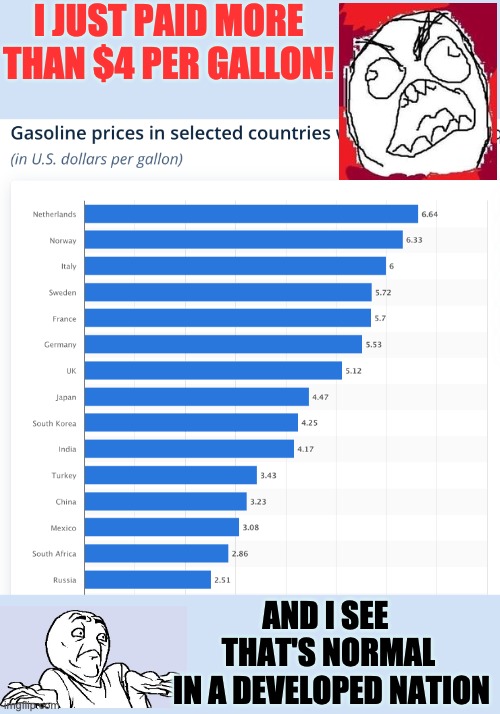Don't be REEing over the price of gas -- unless you want to live in Venezuela | I JUST PAID MORE THAN $4 PER GALLON! AND I SEE 
THAT'S NORMAL
 IN A DEVELOPED NATION | image tagged in gas,money,price,comparison,comparison chart | made w/ Imgflip meme maker