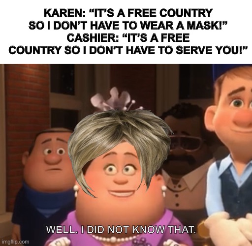 Well.  I did not know that. | KAREN: “IT’S A FREE COUNTRY SO I DON’T HAVE TO WEAR A MASK!”
CASHIER: “IT’S A FREE COUNTRY SO I DON’T HAVE TO SERVE YOU!”; WELL. I DID NOT KNOW THAT. | image tagged in well i did not know that | made w/ Imgflip meme maker