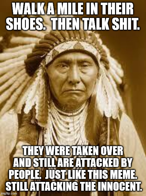 Native American | WALK A MILE IN THEIR SHOES.  THEN TALK SHIT. THEY WERE TAKEN OVER AND STILL ARE ATTACKED BY PEOPLE.  JUST LIKE THIS MEME.  STILL ATTACKING T | image tagged in native american | made w/ Imgflip meme maker