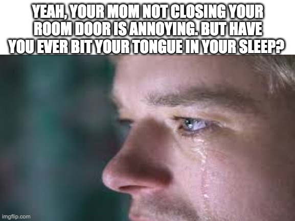Have you ever bit your tongue in your sleep? | YEAH, YOUR MOM NOT CLOSING YOUR ROOM DOOR IS ANNOYING. BUT HAVE YOU EVER BIT YOUR TONGUE IN YOUR SLEEP? | image tagged in pain | made w/ Imgflip meme maker