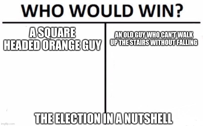 Who Would Win? | A SQUARE HEADED ORANGE GUY; AN OLD GUY WHO CAN'T WALK UP THE STAIRS WITHOUT FALLING; THE ELECTION IN A NUTSHELL | image tagged in memes,who would win | made w/ Imgflip meme maker