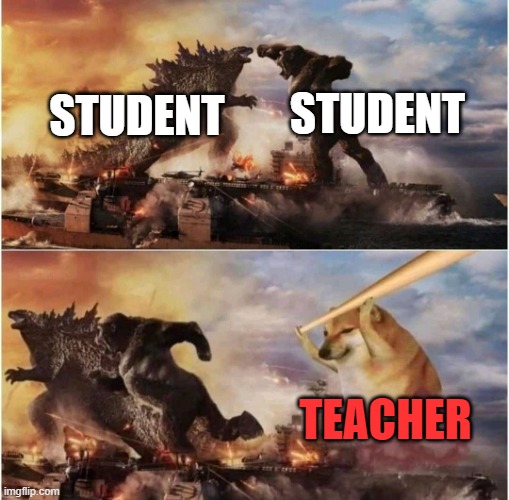 Oof | STUDENT; STUDENT; TEACHER | image tagged in kong godzilla doge | made w/ Imgflip meme maker