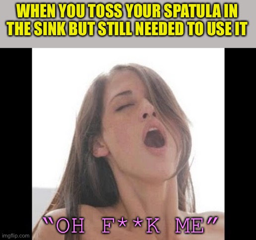 moaning woman | WHEN YOU TOSS YOUR SPATULA IN THE SINK BUT STILL NEEDED TO USE IT; “OH F**K ME” | image tagged in moaning woman | made w/ Imgflip meme maker