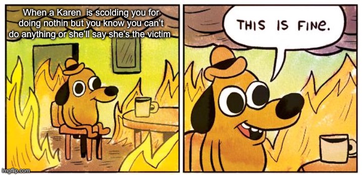 This Is Fine | When a Karen  is scolding you for doing nothin but you know you can’t do anything or she’ll say she’s the victim | image tagged in memes,this is fine | made w/ Imgflip meme maker