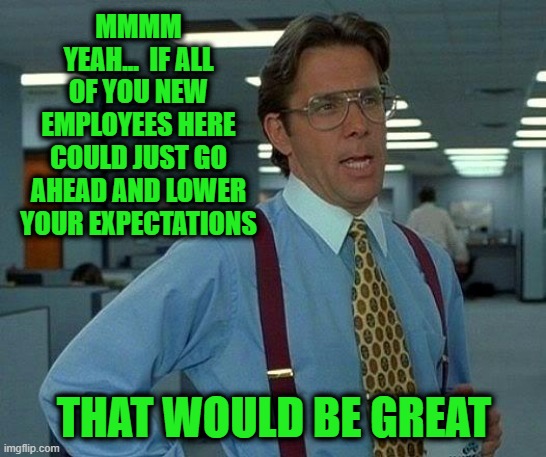 That's Why it's Called Work | MMMM YEAH...  IF ALL OF YOU NEW EMPLOYEES HERE COULD JUST GO AHEAD AND LOWER YOUR EXPECTATIONS; THAT WOULD BE GREAT | image tagged in memes,that would be great,office space bill lumbergh | made w/ Imgflip meme maker