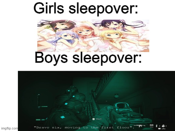 Bravo six, moving to the first floor. | Girls sleepover:; Boys sleepover: | image tagged in blank white template | made w/ Imgflip meme maker