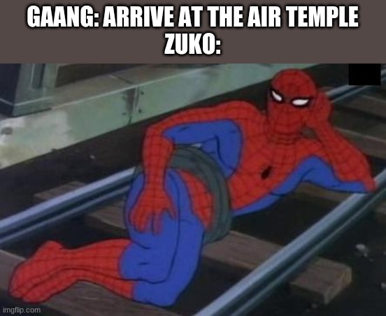 Hey | GAANG: ARRIVE AT THE AIR TEMPLE
ZUKO: | image tagged in memes,sexy railroad spiderman,spiderman | made w/ Imgflip meme maker