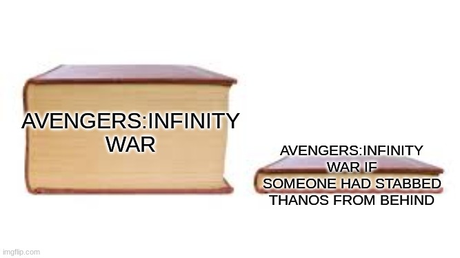 Why though | AVENGERS:INFINITY WAR IF SOMEONE HAD STABBED THANOS FROM BEHIND; AVENGERS:INFINITY WAR | image tagged in big book small book | made w/ Imgflip meme maker
