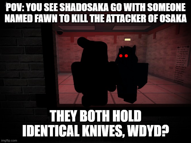 First RP. (Part 2) | POV: YOU SEE SHADOSAKA GO WITH SOMEONE NAMED FAWN TO KILL THE ATTACKER OF OSAKA; THEY BOTH HOLD IDENTICAL KNIVES, WDYD? | image tagged in roleplaying | made w/ Imgflip meme maker