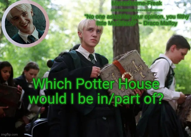 Draco temp 2 | Which Potter House would I be in/part of? | image tagged in draco temp 2 | made w/ Imgflip meme maker