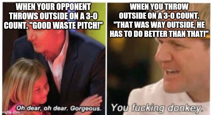 Oh dear, dear gorgeus | WHEN YOUR OPPONENT THROWS OUTSIDE ON A 3-0 COUNT. "GOOD WASTE PITCH!"; WHEN YOU THROW OUTSIDE ON A 3-0 COUNT. "THAT WAS WAY OUTSIDE, HE HAS TO DO BETTER THAN THAT!" | image tagged in oh dear dear gorgeus | made w/ Imgflip meme maker