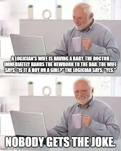Multi-layered jokes, people! It works on more than one level! BAH!!! | A LOGICIAN'S WIFE IS HAVING A BABY. THE DOCTOR IMMEDIATELY HANDS THE NEWBORN TO THE DAD. THE WIFE SAYS, "IS IT A BOY OR A GIRL?" THE LOGICIAN SAYS, "YES."; NOBODY GETS THE JOKE. | image tagged in memes,hide the pain harold | made w/ Imgflip meme maker