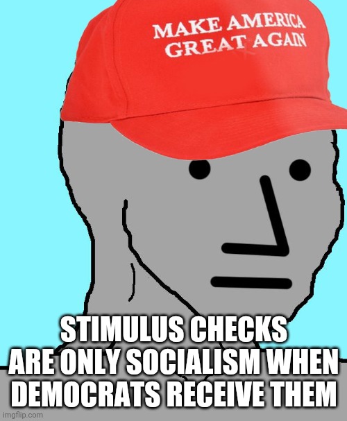 MAGA NPC | STIMULUS CHECKS ARE ONLY SOCIALISM WHEN DEMOCRATS RECEIVE THEM | image tagged in maga npc | made w/ Imgflip meme maker