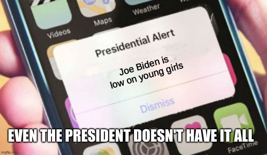 Everyones gotta have something more | Joe Biden is low on young girls; EVEN THE PRESIDENT DOESN'T HAVE IT ALL | image tagged in memes,presidential alert | made w/ Imgflip meme maker