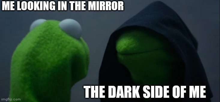 Mirror | ME LOOKING IN THE MIRROR; THE DARK SIDE OF ME | image tagged in memes,evil kermit | made w/ Imgflip meme maker