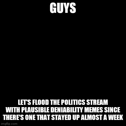 Black Square | GUYS; LET'S FLOOD THE POLITICS STREAM WITH PLAUSIBLE DENIABILITY MEMES SINCE THERE'S ONE THAT STAYED UP ALMOST A WEEK | image tagged in black square | made w/ Imgflip meme maker